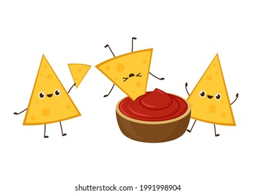 Nacho character design. Nachos on white background. sauce cup vector.