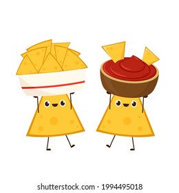Nacho character design. Nachos on white background. sauce cup vector.