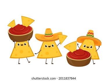 Nacho character design. Nachos on white background. Mexican hat. sauce cup vector.