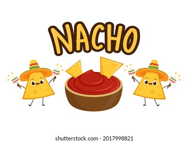 Nacho character design. Nachos on white background. Mexican hat. sauce cup vector.