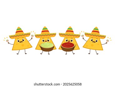 Nacho character design. Nachos on white background. Mexican hat. sauce cup vector.