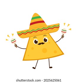 Nacho character design. Nachos on white background. Mexican hat.