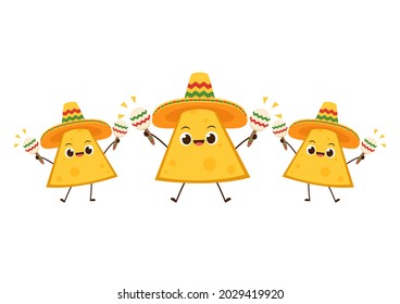 Nacho character design. Nachos on white background. Mexican hat.