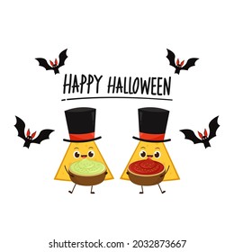 Nacho character design. Nachos on white background. sauce cup vector. Happy Halloween day.