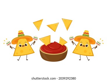 Nacho character design. Nachos on white background. Mexican hat. sauce cup vector.