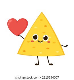 Nacho Character Design. Nachos On White Background. Pink Heart And Cute Nacho Cartoon Vector.