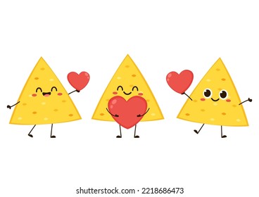 Nacho Character Design. Nachos On White Background. Pink Heart And Cute Nacho Cartoon Vector.