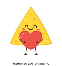 Nacho Character Design. Nachos On White Background. Pink Heart And Cute Nacho Cartoon Vector.