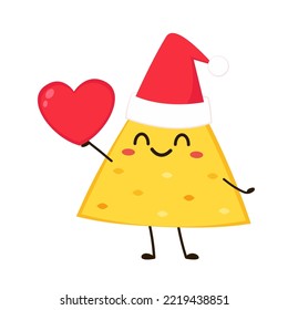 Nacho character design. Nachos on white background. Nacho cartoon in Santa Claus hat.
