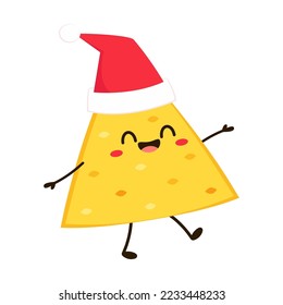 Nacho character design. Nachos on white background. Nacho cartoon in Santa Claus hat.