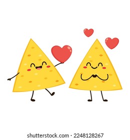 Nacho character design. Nachos on white background. Pink heart and Cute Nacho cartoon vector.