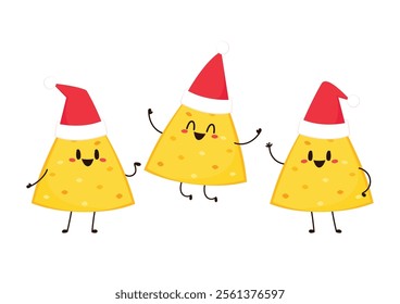 Nacho character design. Nachos on white background. Nacho cartoon in Santa Claus hat.