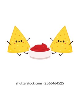 Nacho character design. Nachos on white background. Ketchup in cup.