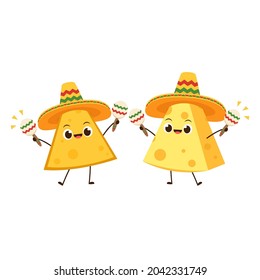 Nacho and Cheese character design. Nachos and cheese on white background. Mexican hat.