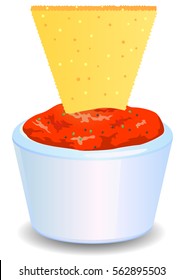 Nacho chip dipped on salsa sauce vector icon