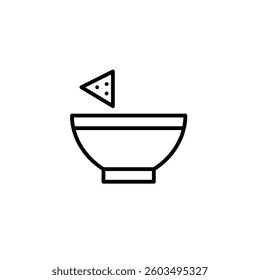 Nacho chip dipping in a bowl. Mexican cuisine, fast food and takeaway. Pixel perfect, editable stroke vector icon
