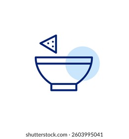 Nacho chip dipping in a bowl. Mexican cuisine, fast food and takeaway. Pixel perfect, editable stroke vector icon