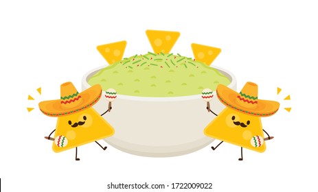 Nacho dip in bowl. Nacho character design. Avocado dip. Sauce cup vector.
