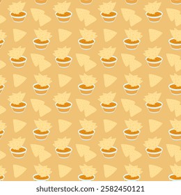 Nacho dipping cheese sauce in glass gravy boat Monochrome Seamless pattern Nacho Day Background idea