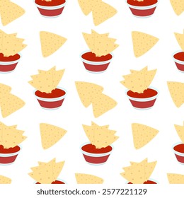 Nacho Mexican chips and glass saucer with salsa sauce Seamless Pattern. Mexican food background idea