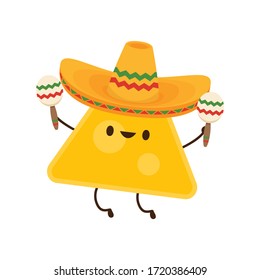 Nacho in Mexican hat. Nacho character design. Nachos on white background. Mexican hat.