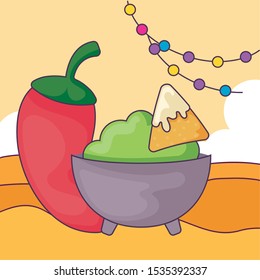 nacho with pepper and guacamole vector illustration design