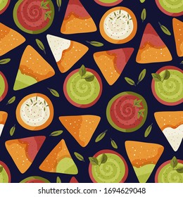 Nacho seamless vector pattern. Traditional Mexican tasty snack illustration with tomato, cheese and avocado sauce. Cartoon background in a flat style.