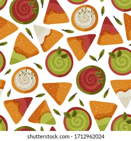 Nacho seamless vector pattern. Traditional Mexican tasty snack illustration with tomato, cheese and avocado sauce. Cartoon background in a flat style.