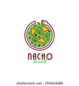 Nacho taco salad bowl logo, mexican culinary nacho salad bowl logo with circle shape fork icon illustration