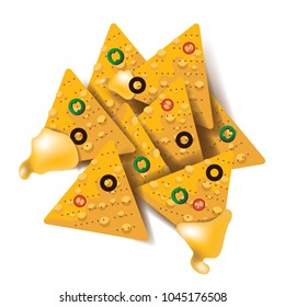 Nacho tortilla chips with cheese and topping isolated on white. EPS10 vector illustration.