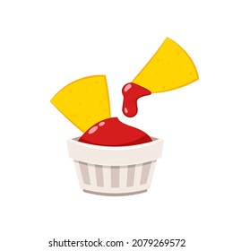 Nacho vector. Nachos on white background. Ketchup in white dip bowls. Tomato sauce.