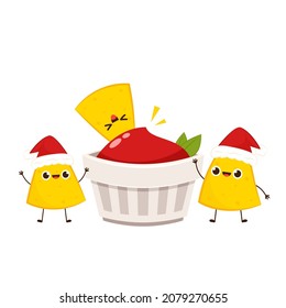 Nacho vector. Nachos on white background. Ketchup in white dip bowls. Tomato sauce.