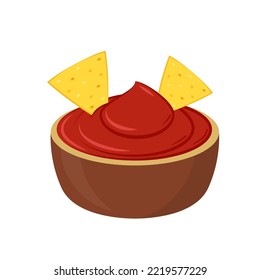Nacho vector. Nachos on white background. Ketchup in white dip bowls. Tomato sauce.