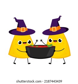 Nacho in a witch hat. Nacho character design. Nachos on white background.