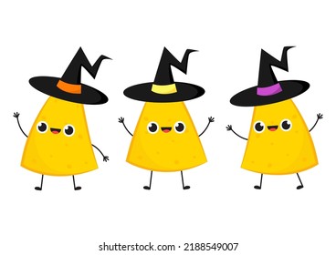 Nacho in a witch hat. Nacho character design. Nachos on white background.
