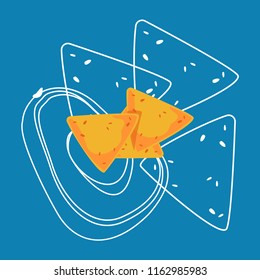 Nachos and avocado. White contour and color clipart. In the cartoon flat style. Vector illustration. Blue background.