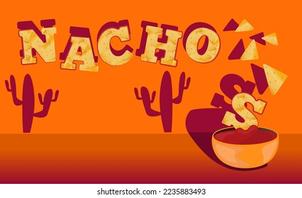 Nachos banner. Banner with delicious mexican nachos with tomato salsa sauce in cartoon. Template design, labels, menu, caffee, restaurant, advertise. Takeaway snack. Vector illustration.