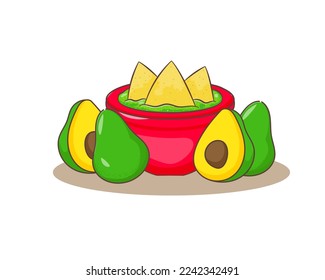 Nachos con un tazón de salsa aguacamole. La comida tradicional mexicana de la calle. Caricatura de estilo plano.