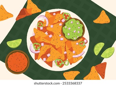 Nachos bowl concept. Cartoon tortilla chips with cheese and spicy sauces, hot snack meal for hungry people. Vector isolated illustration.