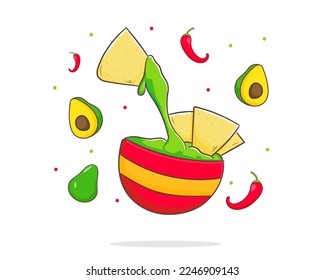 Nachos with a bowl of guacamole sauce, red chili pepper and avocado. Mexican of Latin American traditional street food. Food concept design. Flat cartoon style illustration. Isolated white background.