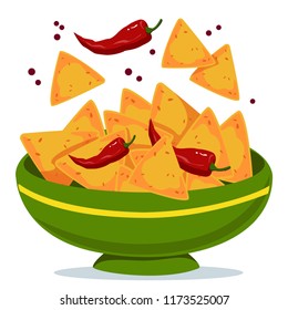 Nachos in a bowl with hot peppers. Green plate with Mexican traditional dish. Vector illustration in cartoon childish style food. Isolated funny clipart on a white background. Cute print fun