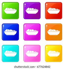 Nachos in bowl icons of 9 color set isolated vector illustration