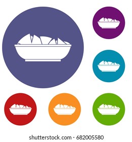 Nachos in bowl icons set in flat circle red, blue and green color for web