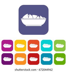 Nachos in bowl icons set vector illustration in flat style In colors red, blue, green and other