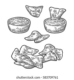 Nachos with a bowl of ketchup - mexican traditional food. Vector black vintage engraved illustration for menu, poster, web. Isolated on white background