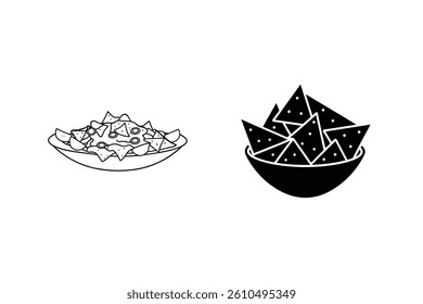 Nachos In Bowl Silhouette And Outline Vector Illustration
