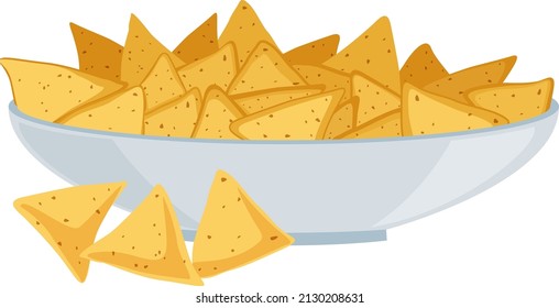 Nachos in a bowl. Traditional Mexican food. Isolated image on a white background. Vector illustration.