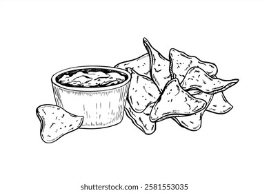 Nachos bunch, bowl with guacamole vector isolated illustration painted by black inks. Handful of traditional Mexican snack food, triangle chips with sauce etching drawing for menu design, poster.