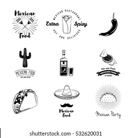 Nachos, Burrito, Sombrero Mexican Hat, Mustache, Taco, Tequila and shot glass, Maracas, Cactus, chili Pepper, sombrero, Food. Latino Kitchen Theme Vector Illustration.