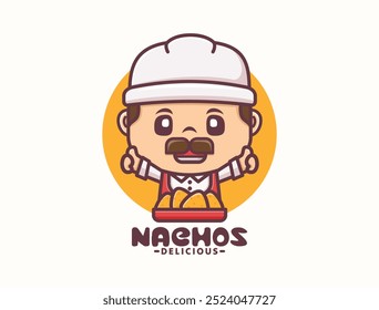 mascote de desenhos animados nachos, design de logotipo de modelo fast food, ilustração vetorial em estilo de contorno.